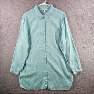 J. Jill Love Linen Tunic Shirt Women XL Aqua Green Long Sleeve 100% Linen Button